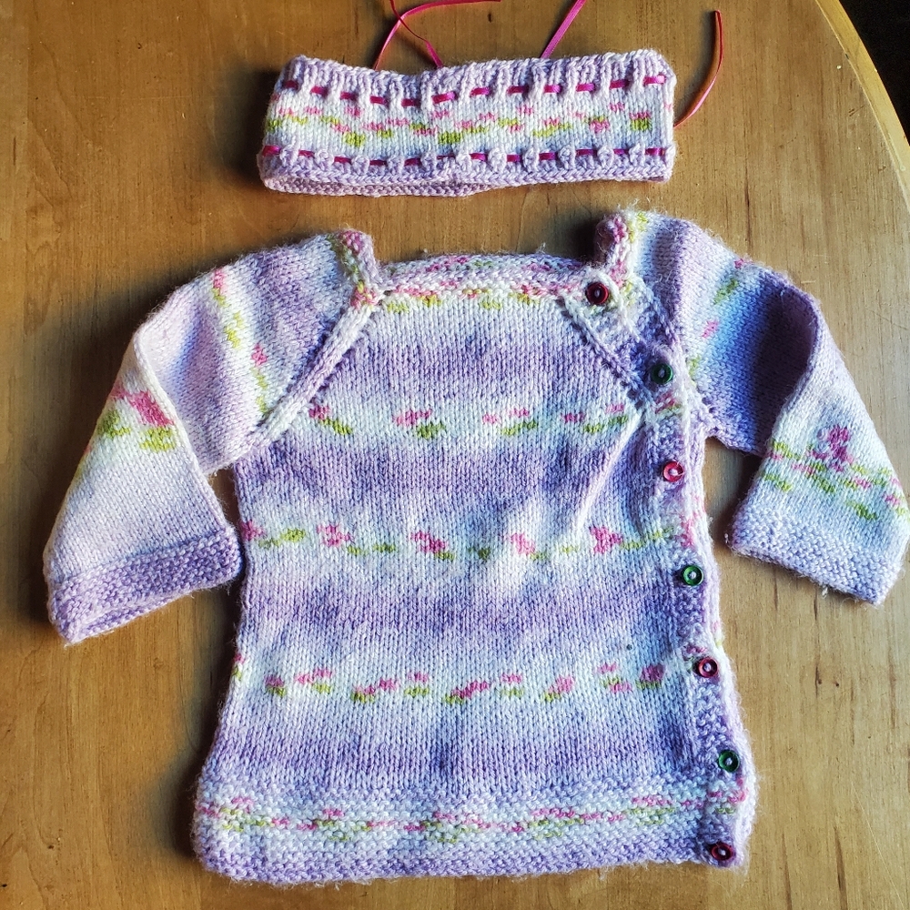 Hand Knit Baby Girl Sweater and Headband, Purple, Pink